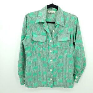 VTG Lanvin Chain-Print Silky Button Down Shirt 8/M Green/White Patterned